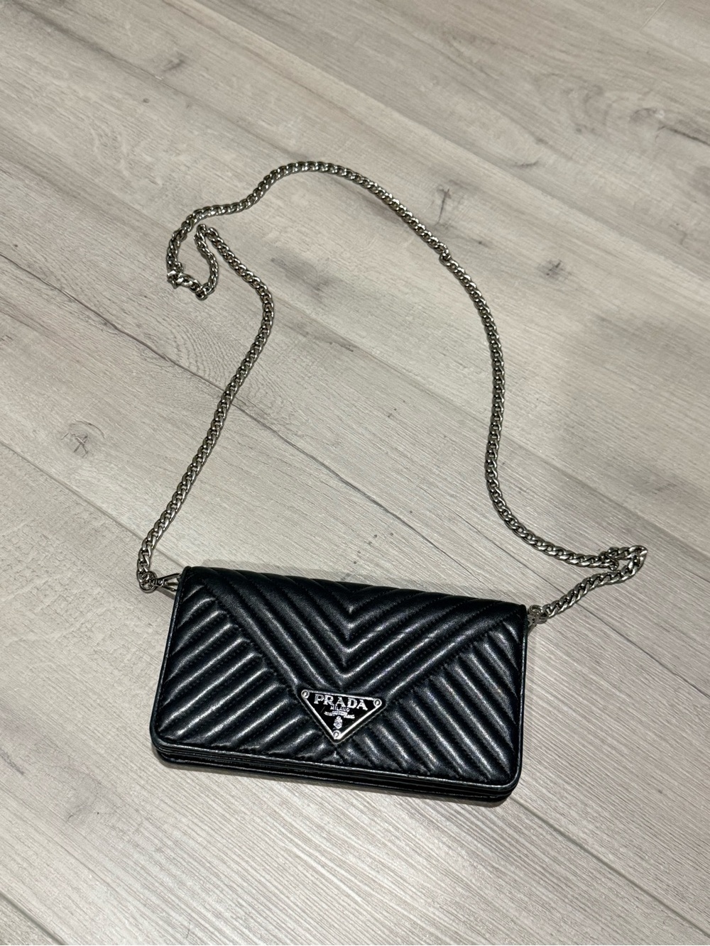 Prada Black Quilted Chevron Leather Chain Crossbody Wallet